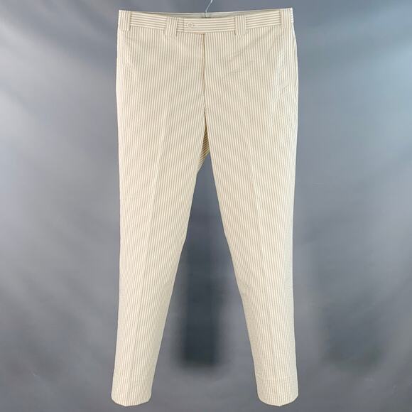 BLACK FLEECE 35 Beige White Stripe Cotton Seersucker Button Fly Casual Pants - Picture 1 of 8